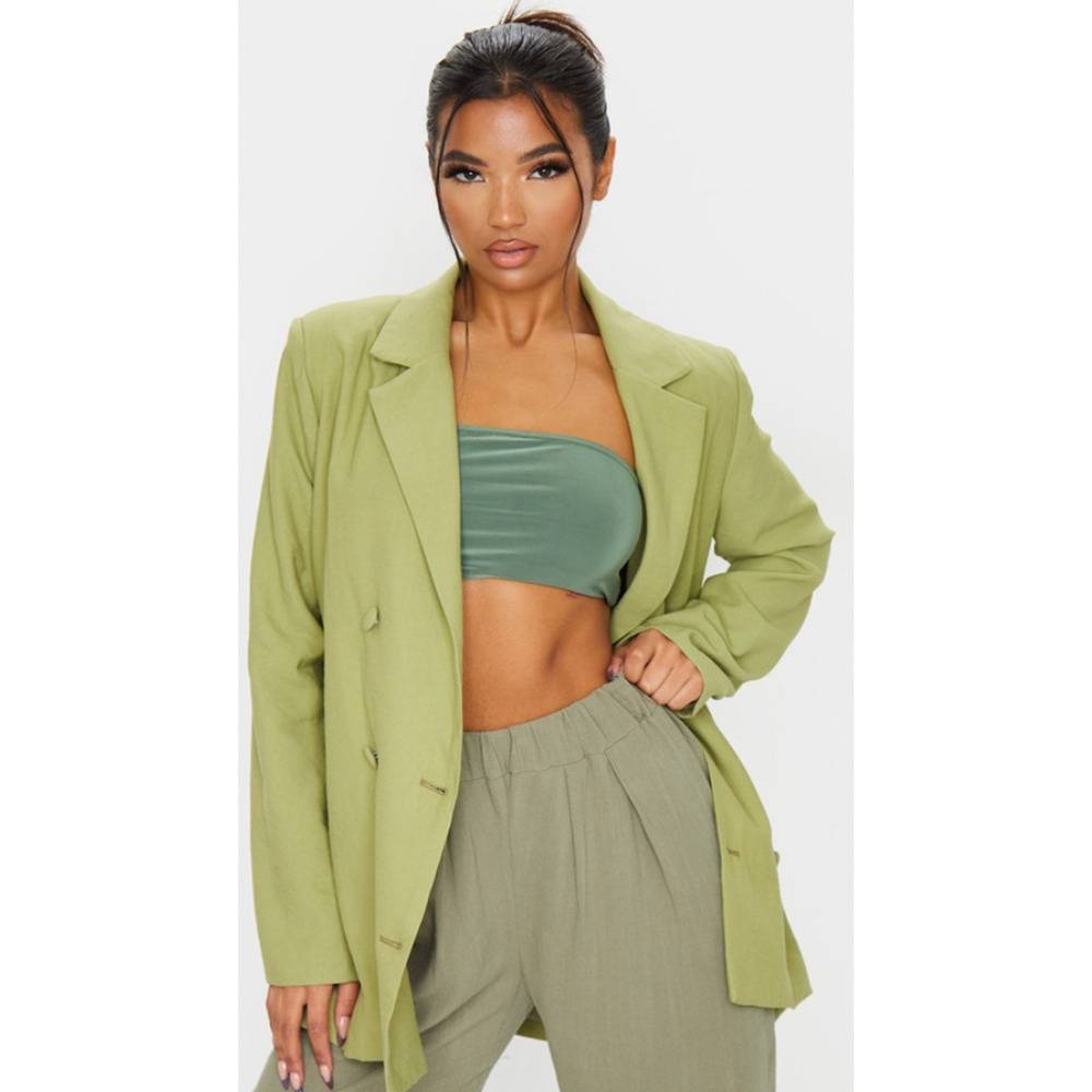 PrettyLittleThing Sage Green Woven Triple Breasted Oversized Blazer Size US 0